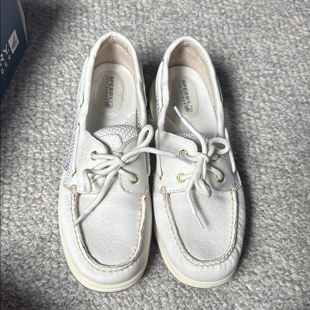 Sperry White and Gray Flats with Moccasin Toe